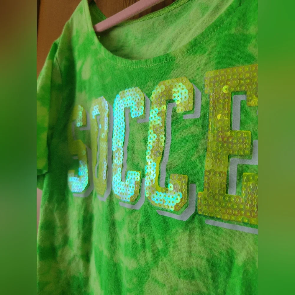 Justice Neon Lime Green Soccer Kids Crop T-Shirt Top Sequin